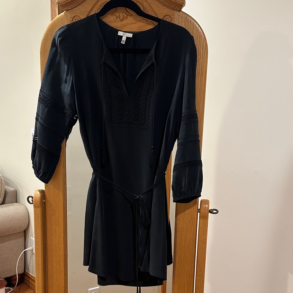 Joie Black Mini Dress with Tie Waist and Crochet Trim